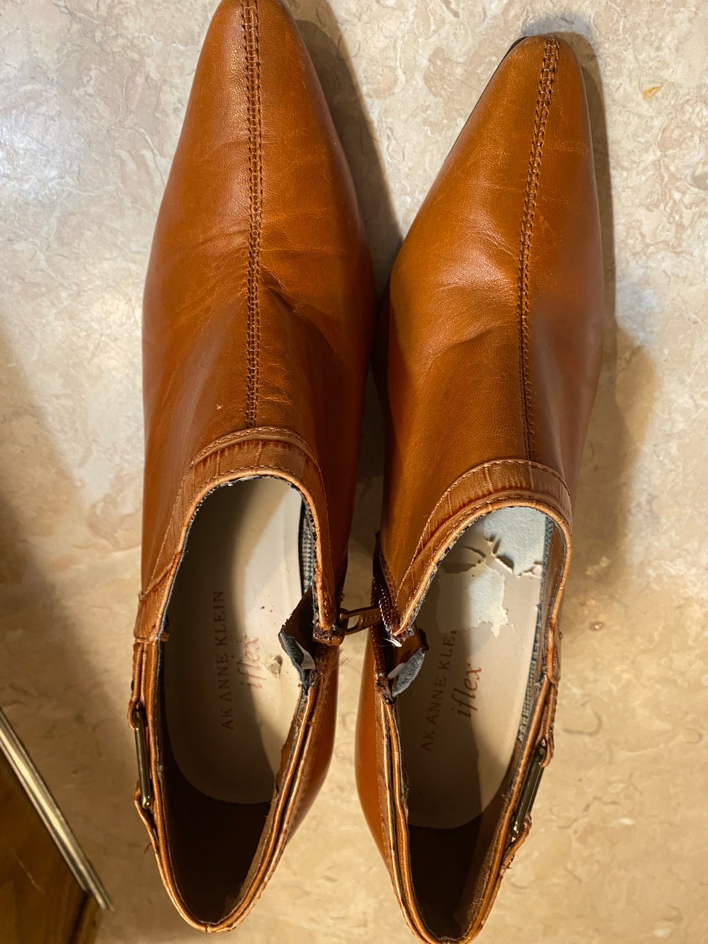 Anne Klein Tan Leather Pointed Toe Ankle Booties
